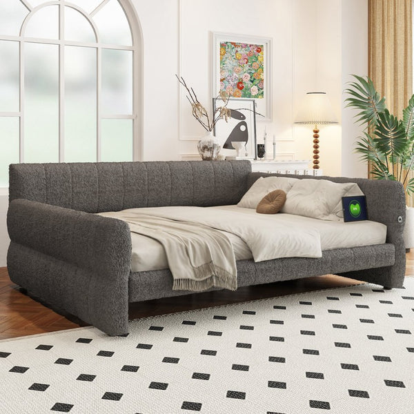 English Elm King Lambswool Upholstered Platform Bed with Usb Charging and Low-profile Frame Gray N7500002245E