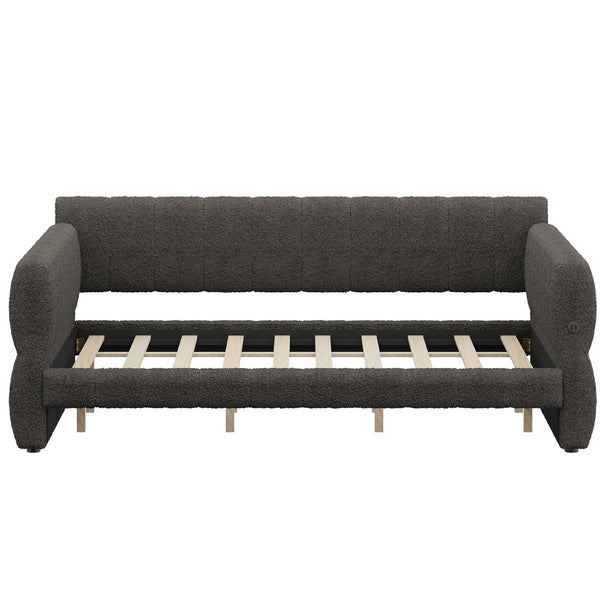 English Elm King Lambswool Upholstered Platform Bed with Usb Charging and Low-profile Frame Gray N7500002245E