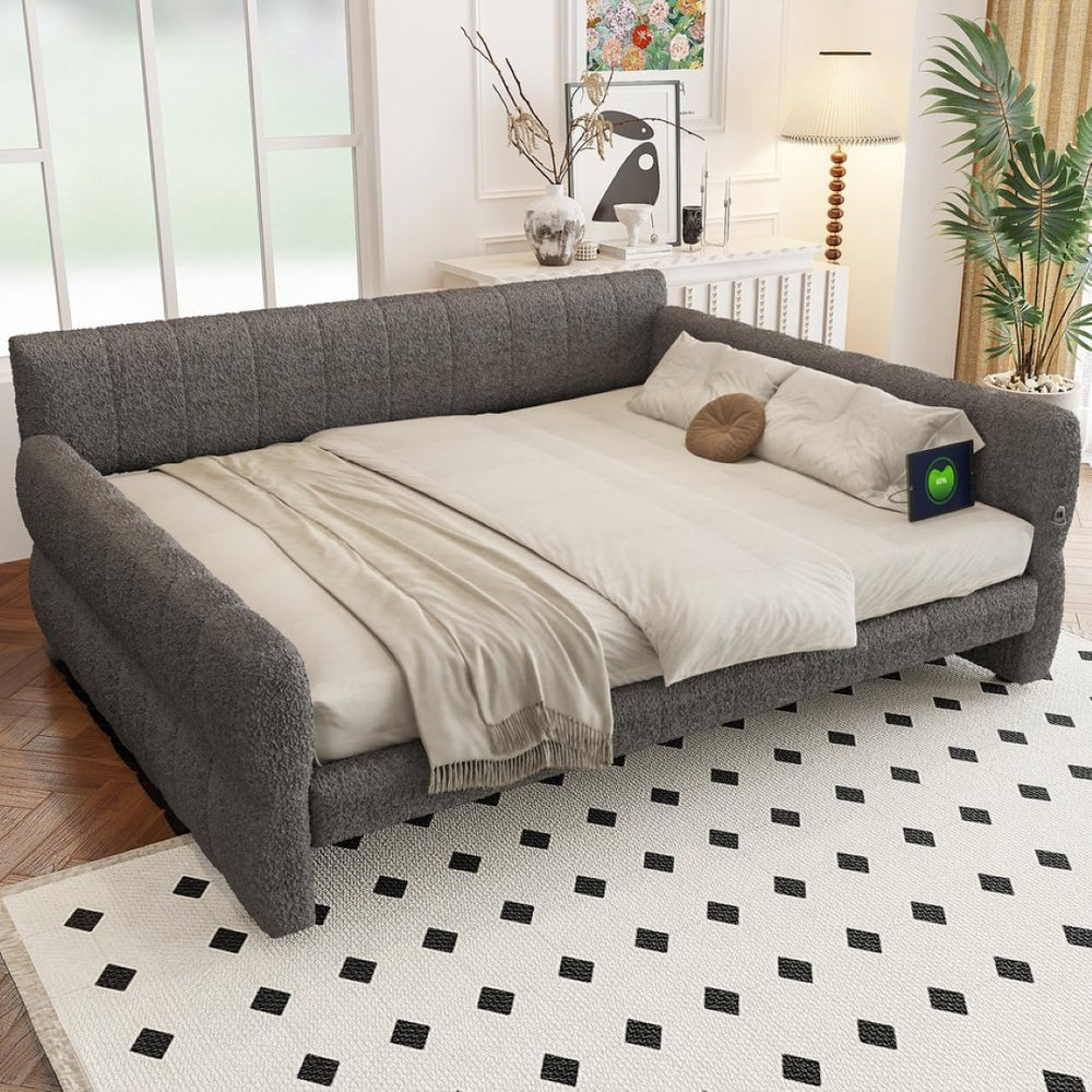English Elm King Lambswool Upholstered Platform Bed with Usb Charging and Low-profile Frame Gray N7500002245E