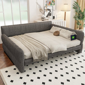 English Elm King Lambswool Upholstered Platform Bed with Usb Charging and Low-profile Frame Gray N7500002245E