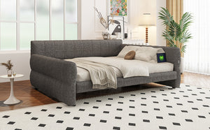 English Elm King Lambswool Upholstered Platform Bed with Usb Charging and Low-profile Frame Gray N7500002245E