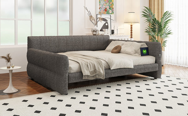 English Elm King Lambswool Upholstered Platform Bed with Usb Charging and Low-profile Frame Gray N7500002245E