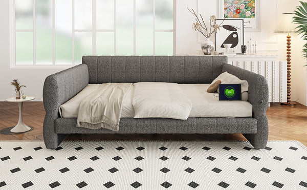 English Elm King Lambswool Upholstered Platform Bed with Usb Charging and Low-profile Frame Gray N7500002245E