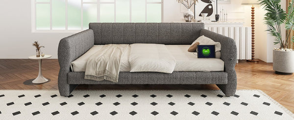 English Elm King Lambswool Upholstered Platform Bed with Usb Charging and Low-profile Frame Gray N7500002245E