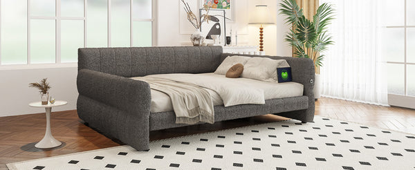 English Elm King Lambswool Upholstered Platform Bed with Usb Charging and Low-profile Frame Gray N7500002245E