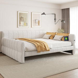 English Elm King Lambswool Upholstered Platform Bed with Usb Charging and Low-profile Frame White N7500002245K