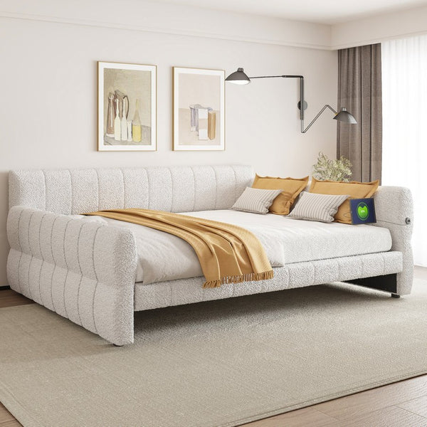 English Elm King Lambswool Upholstered Platform Bed with Usb Charging and Low-profile Frame White N7500002245K