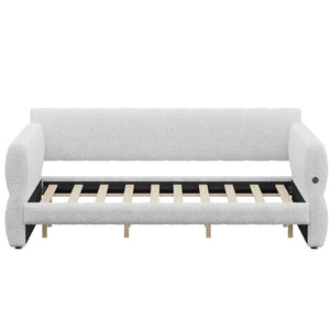 English Elm King Lambswool Upholstered Platform Bed with Usb Charging and Low-profile Frame White N7500002245K