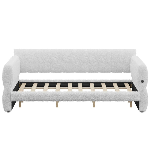 English Elm King Lambswool Upholstered Platform Bed with Usb Charging and Low-profile Frame White N7500002245K