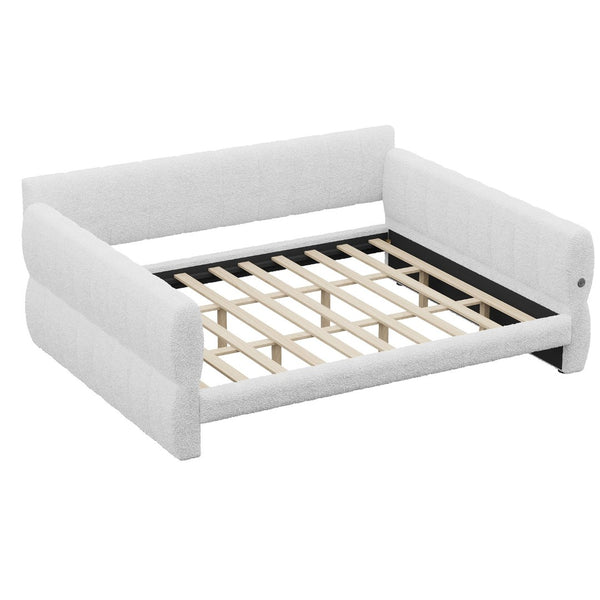 English Elm King Lambswool Upholstered Platform Bed with Usb Charging and Low-profile Frame White N7500002245K