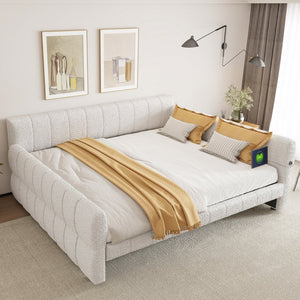 English Elm King Lambswool Upholstered Platform Bed with Usb Charging and Low-profile Frame White N7500002245K