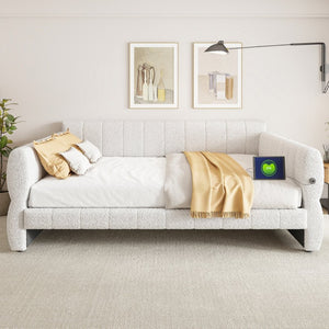 English Elm King Lambswool Upholstered Platform Bed with Usb Charging and Low-profile Frame White N7500002245K