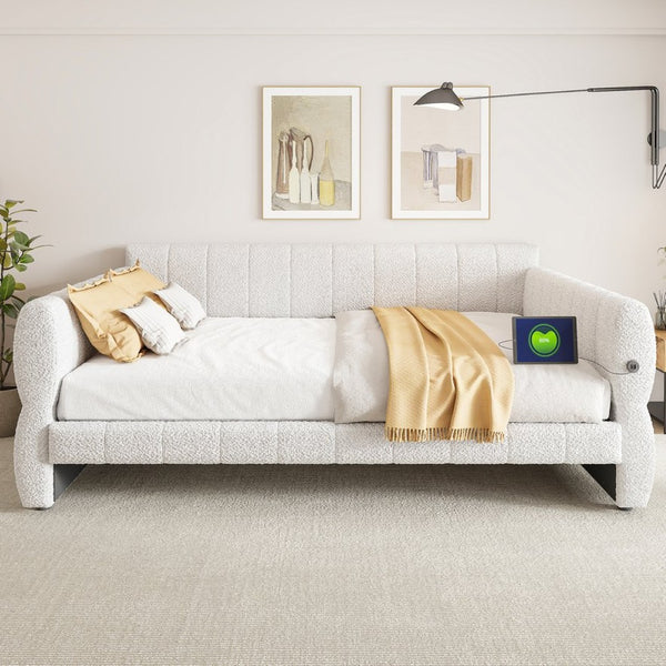 English Elm King Lambswool Upholstered Platform Bed with Usb Charging and Low-profile Frame White N7500002245K