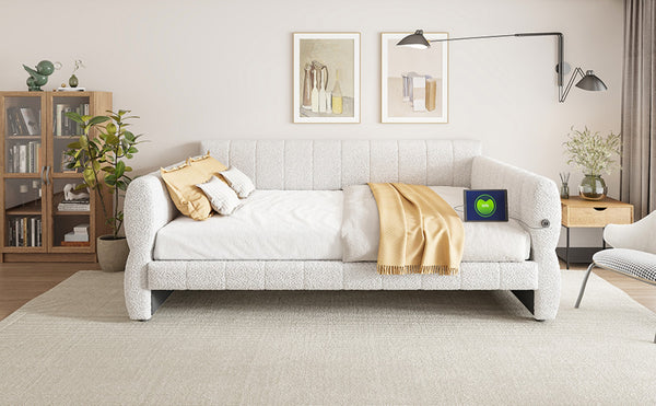English Elm King Lambswool Upholstered Platform Bed with Usb Charging and Low-profile Frame White N7500002245K