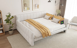 English Elm King Lambswool Upholstered Platform Bed with Usb Charging and Low-profile Frame White N7500002245K