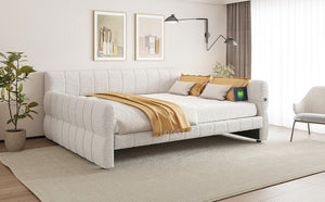 English Elm King Lambswool Upholstered Platform Bed with Usb Charging and Low-profile Frame White N7500002245K