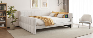 English Elm King Lambswool Upholstered Platform Bed with Usb Charging and Low-profile Frame White N7500002245K