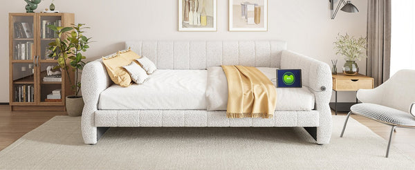 English Elm King Lambswool Upholstered Platform Bed with Usb Charging and Low-profile Frame White N7500002245K