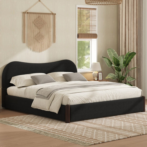 English Elm Queen Platform Bed Berber Fleece Upholstered Frame with Solid Wood Feet Modern Bedroom Black N7500002301B