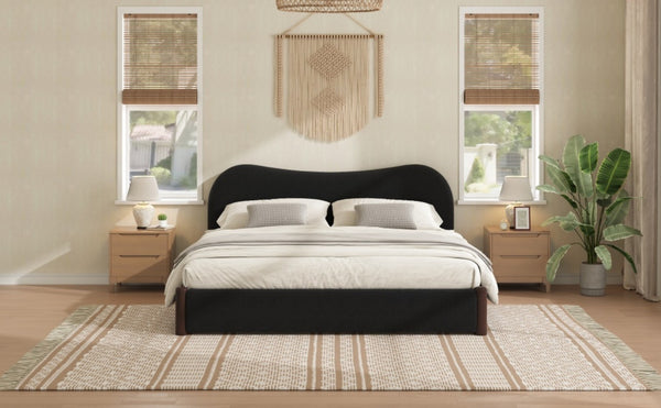 English Elm Queen Platform Bed Berber Fleece Upholstered Frame with Solid Wood Feet Modern Bedroom Black N7500002301B
