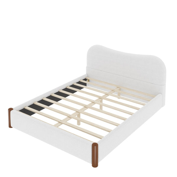 English Elm Queen Platform Bed Berber Fleece Upholstered Frame with Solid Wood Feet Modern Bedroom White N7500002301K