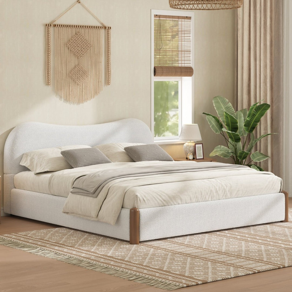 English Elm Queen Platform Bed Berber Fleece Upholstered Frame with Solid Wood Feet Modern Bedroom White N7500002301K