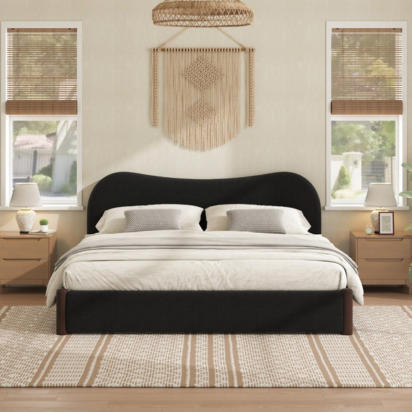 English Elm King Berber Fleece Upholstered Platform Bed Padded Headboard Solid Wood Feet Black N7500002302B
