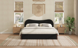 English Elm King Berber Fleece Upholstered Platform Bed Padded Headboard Solid Wood Feet Black N7500002302B