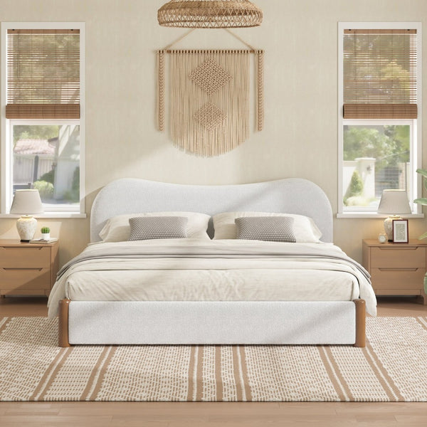 English Elm King Berber Fleece Upholstered Platform Bed Padded Headboard Solid Wood Feet White N7500002302K