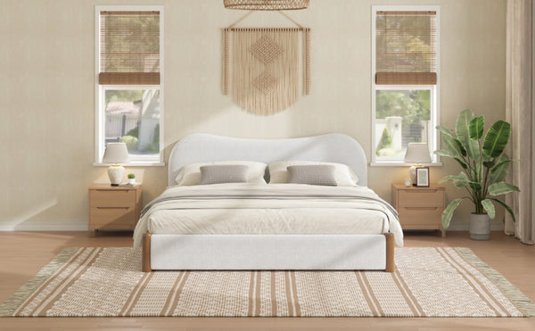 English Elm King Berber Fleece Upholstered Platform Bed Padded Headboard Solid Wood Feet White N7500002302K