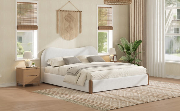 English Elm King Berber Fleece Upholstered Platform Bed Padded Headboard Solid Wood Feet White N7500002302K