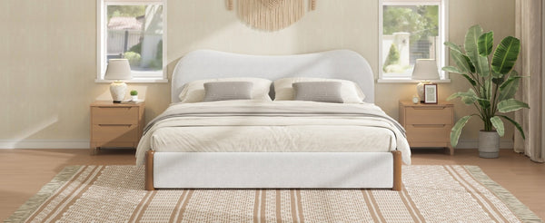 English Elm King Berber Fleece Upholstered Platform Bed Padded Headboard Solid Wood Feet White N7500002302K