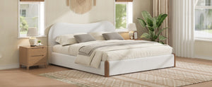 English Elm King Berber Fleece Upholstered Platform Bed Padded Headboard Solid Wood Feet White N7500002302K