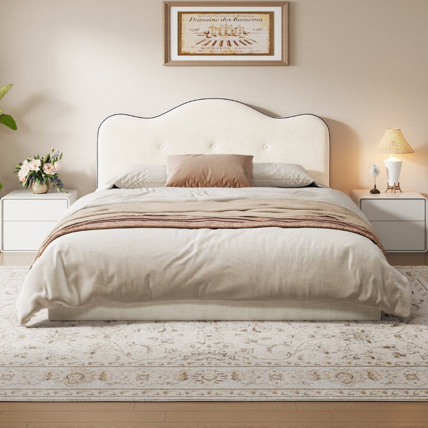 English Elm King Velvet Platform Bed Foam Cushioned Headboard with Hand Stitched Tailored Rails N7500002402A
