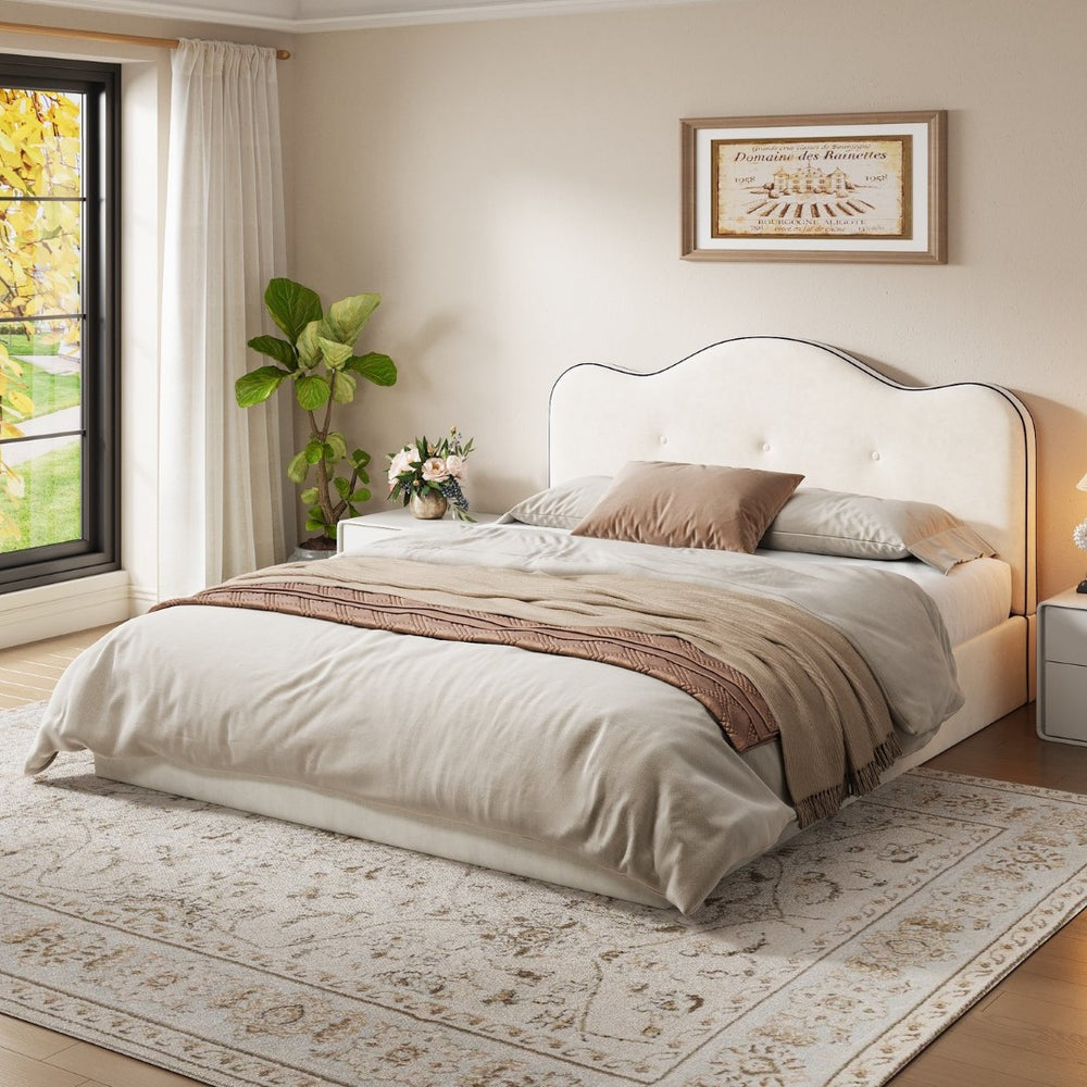 English Elm King Velvet Platform Bed Foam Cushioned Headboard with Hand Stitched Tailored Rails N7500002402A
