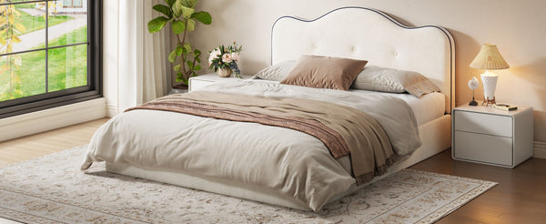 English Elm King Velvet Platform Bed Foam Cushioned Headboard with Hand Stitched Tailored Rails N7500002402A