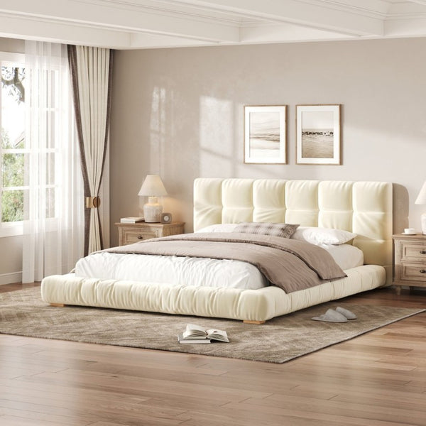 English Elm Queen Velvet Platform Bed Channel Tufted Headboard Low Profile Modern Bedroom Frame Beige N7500002403A