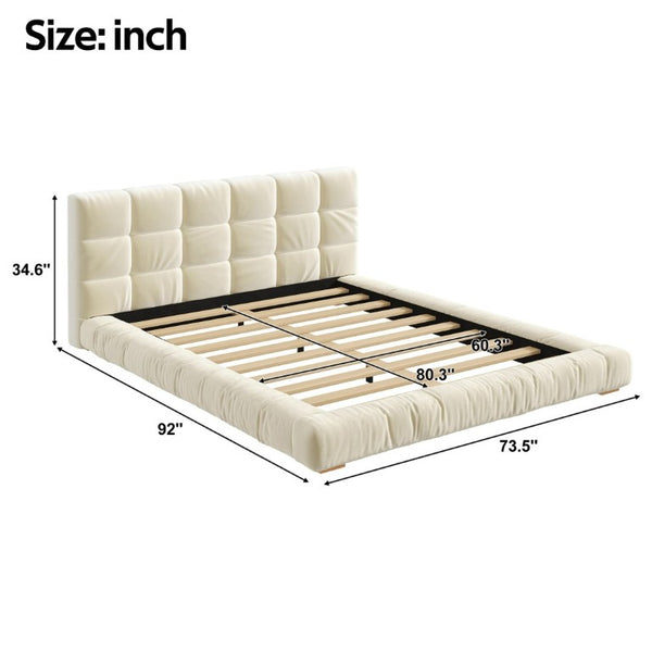 English Elm Queen Velvet Platform Bed Channel Tufted Headboard Low Profile Modern Bedroom Frame Beige N7500002403A