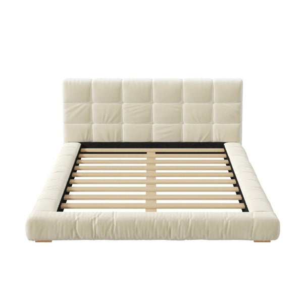 English Elm Queen Velvet Platform Bed Channel Tufted Headboard Low Profile Modern Bedroom Frame Beige N7500002403A