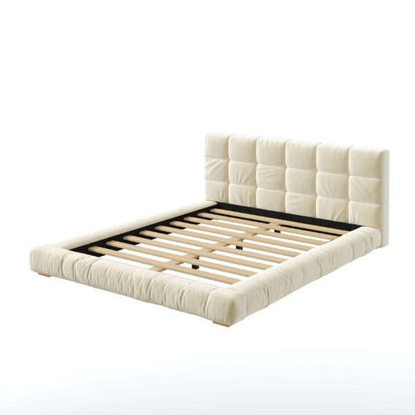 English Elm Queen Velvet Platform Bed Channel Tufted Headboard Low Profile Modern Bedroom Frame Beige N7500002403A