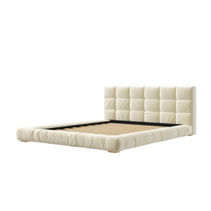 English Elm Queen Velvet Platform Bed Channel Tufted Headboard Low Profile Modern Bedroom Frame Beige N7500002403A