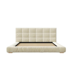 English Elm Queen Velvet Platform Bed Channel Tufted Headboard Low Profile Modern Bedroom Frame Beige N7500002403A