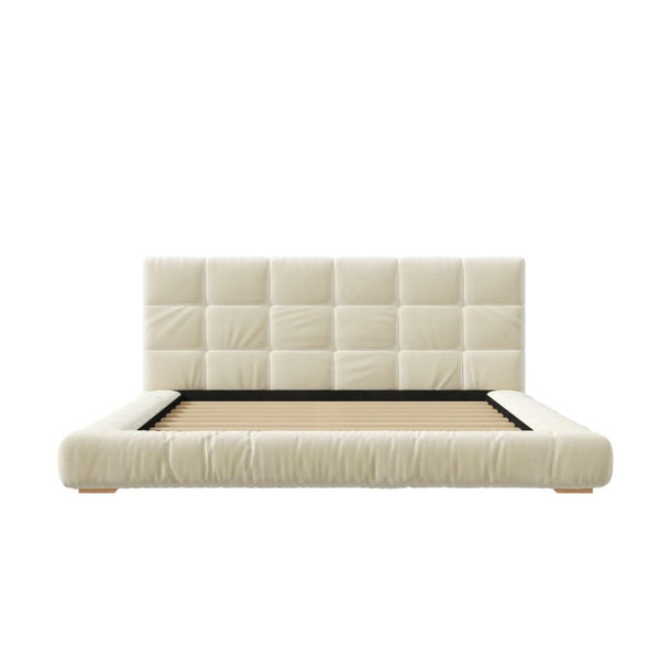 English Elm Queen Velvet Platform Bed Channel Tufted Headboard Low Profile Modern Bedroom Frame Beige N7500002403A