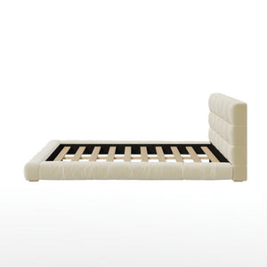 English Elm Queen Velvet Platform Bed Channel Tufted Headboard Low Profile Modern Bedroom Frame Beige N7500002403A