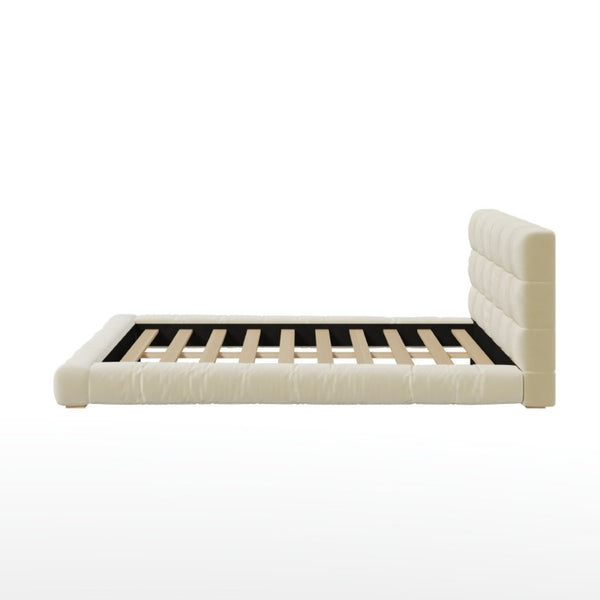 English Elm Queen Velvet Platform Bed Channel Tufted Headboard Low Profile Modern Bedroom Frame Beige N7500002403A