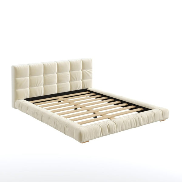 English Elm Queen Velvet Platform Bed Channel Tufted Headboard Low Profile Modern Bedroom Frame Beige N7500002403A