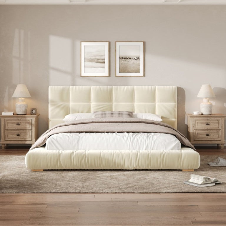 English Elm Queen Velvet Platform Bed Channel Tufted Headboard Low Profile Modern Bedroom Frame Beige N7500002403A