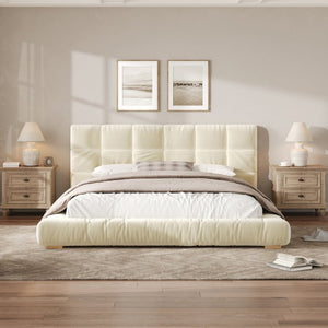 English Elm Queen Velvet Platform Bed Channel Tufted Headboard Low Profile Modern Bedroom Frame Beige N7500002403A