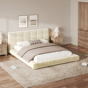 English Elm Queen Velvet Platform Bed Channel Tufted Headboard Low Profile Modern Bedroom Frame Beige N7500002403A