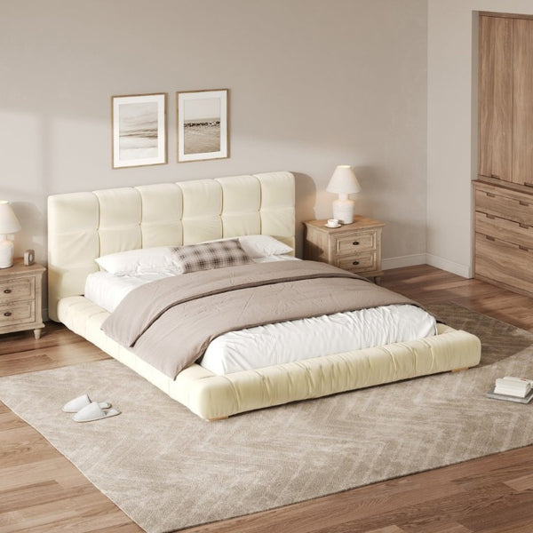 English Elm Queen Velvet Platform Bed Channel Tufted Headboard Low Profile Modern Bedroom Frame Beige N7500002403A